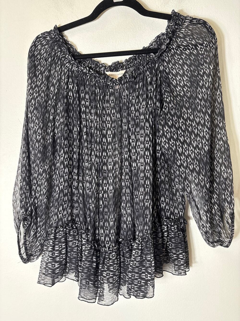 Rebecca Taylor Black White Off The Shoulder Sheer Long Sleeve Shirt sz 10